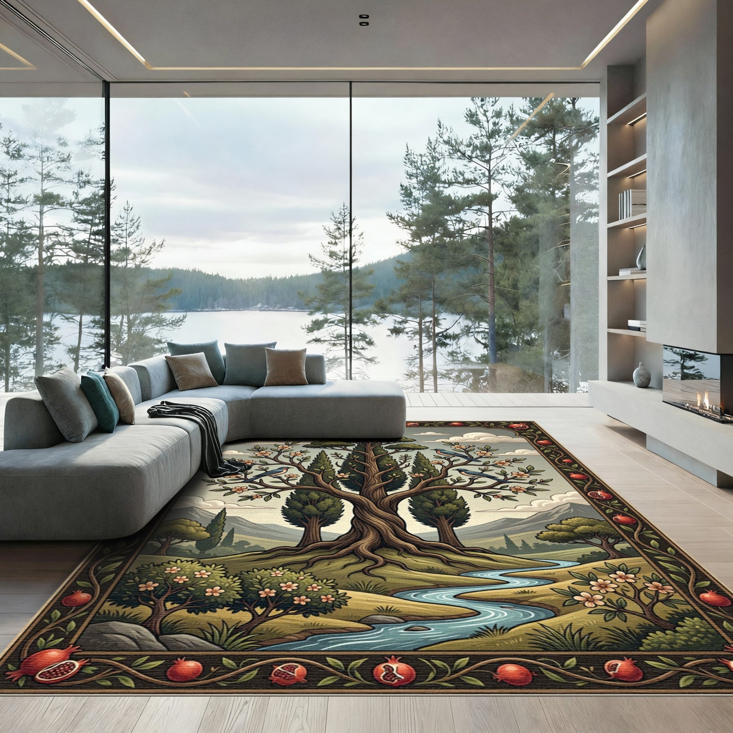 Ancient Garden Scene with Birds Stream Rug