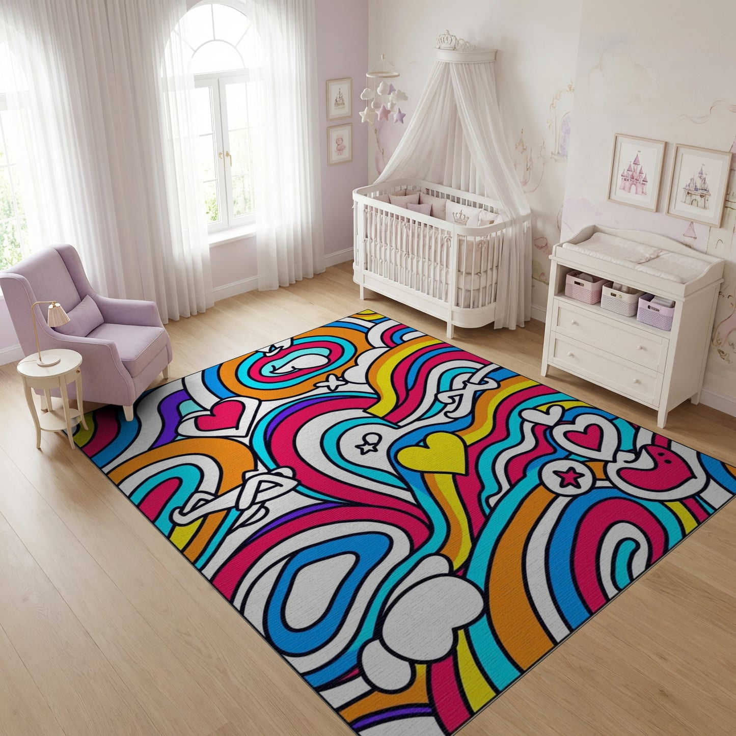 Vibrant Rainbow Wavy Hearts Stars Rug