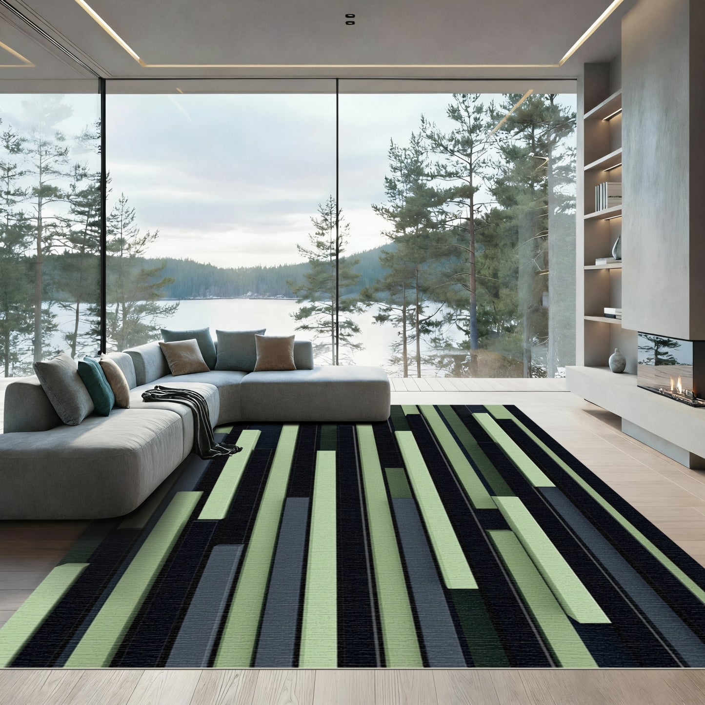 Modern Sage and Charcoal Vertical Stripe Rug
