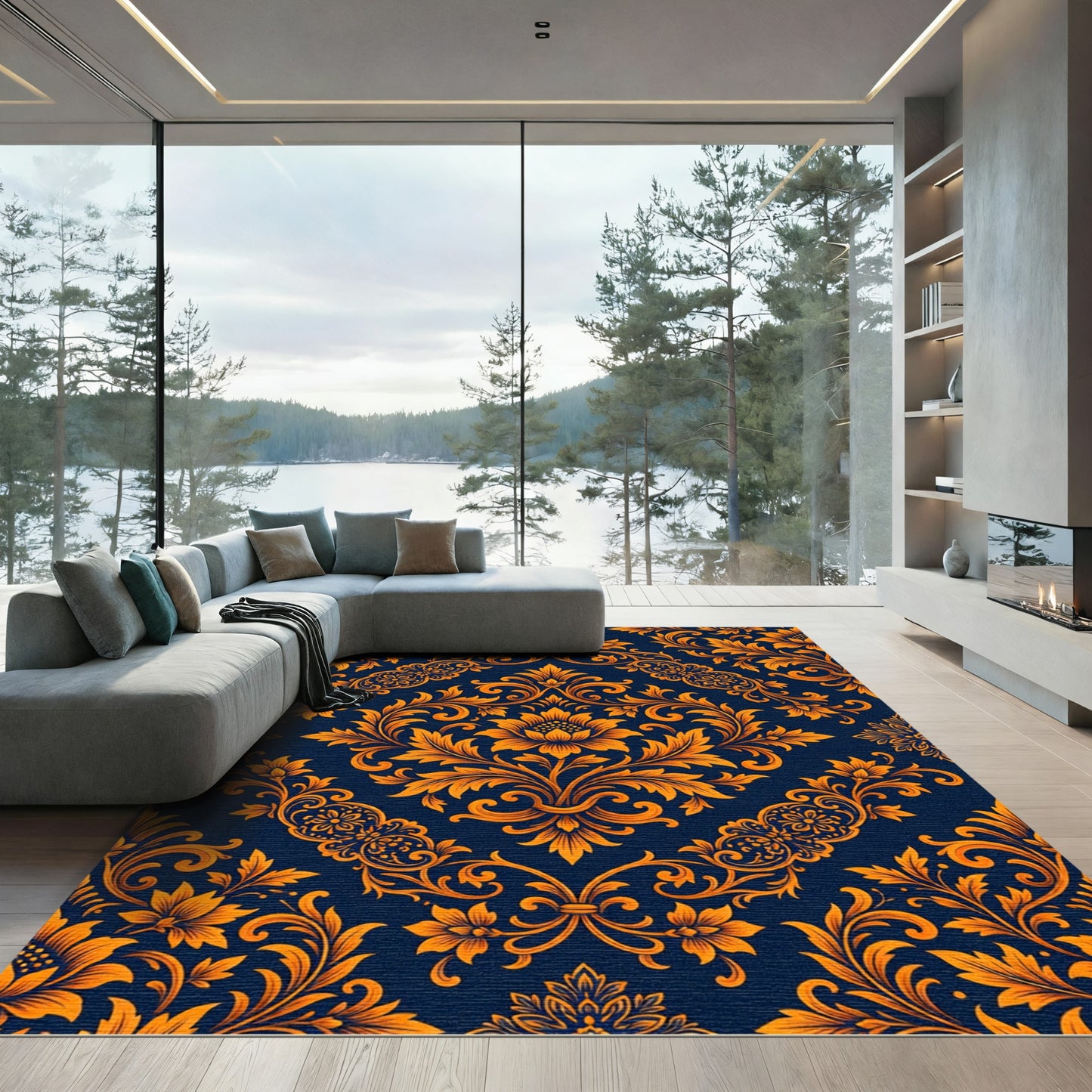 Vibrant Orange Floral Damask Navy Rug