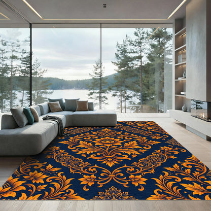 Vibrant Orange Floral Damask Navy Rug