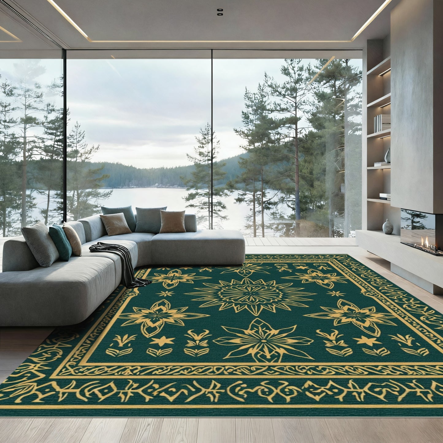 Deep Teal Golden Floral Mandala Rug