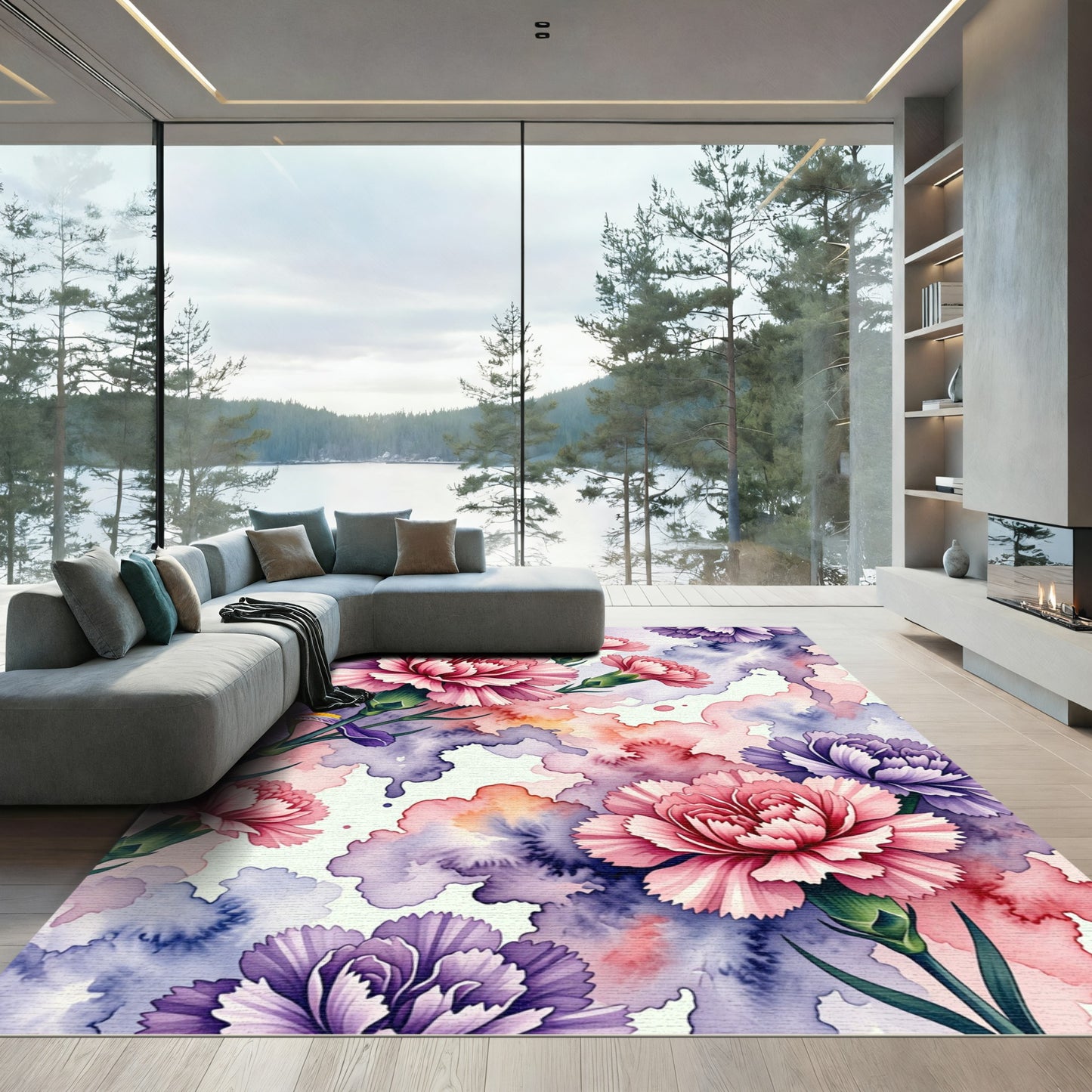 Watercolor Carnation and Iris Floral Garden Rug