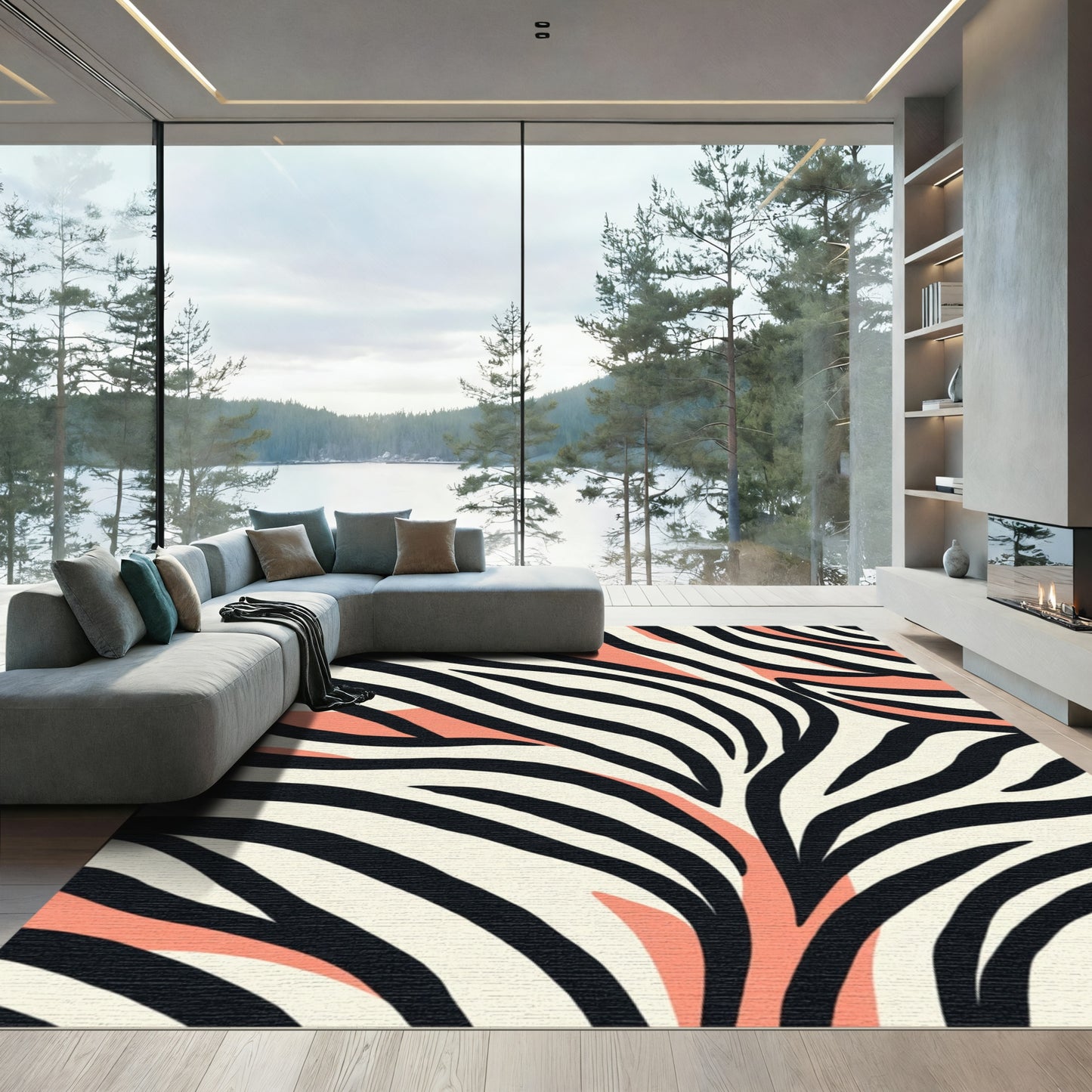 Cream Black Coral Zebra Stripes Rug