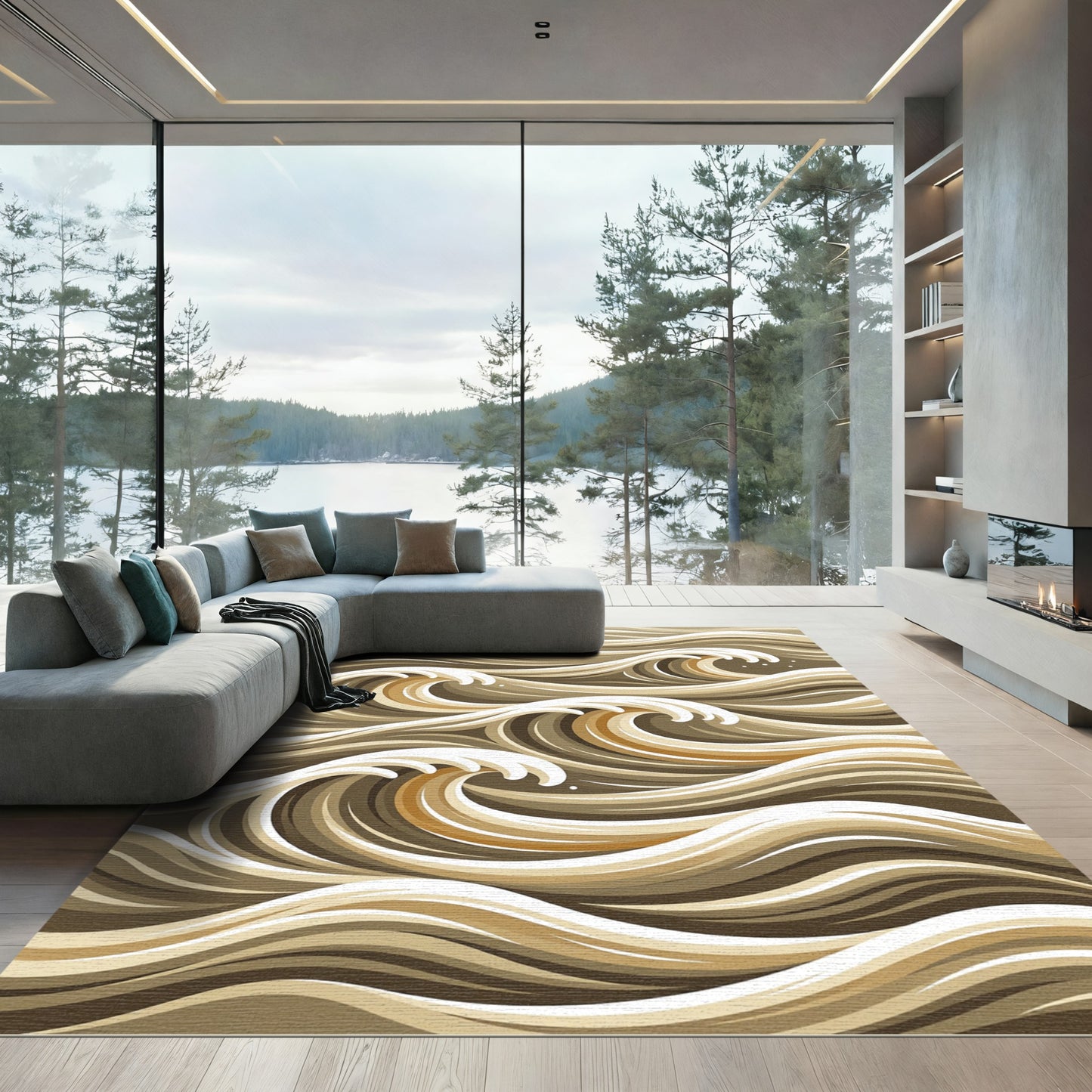 Brown And Cream Abstract Wave Rug