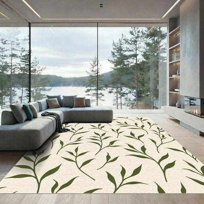 Olive Green Stemmed Foliage Pattern Rug