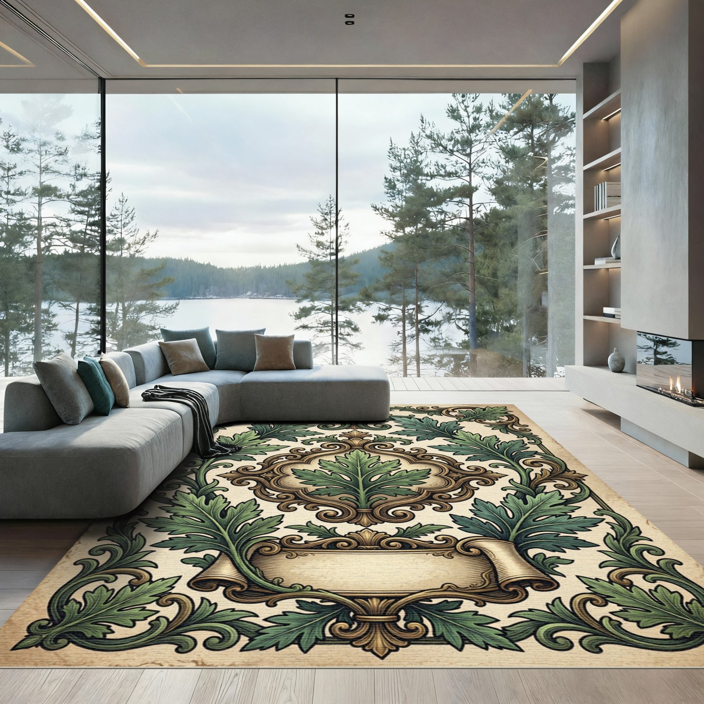 Ornate Emerald Acanthus Scroll Flourish Rug