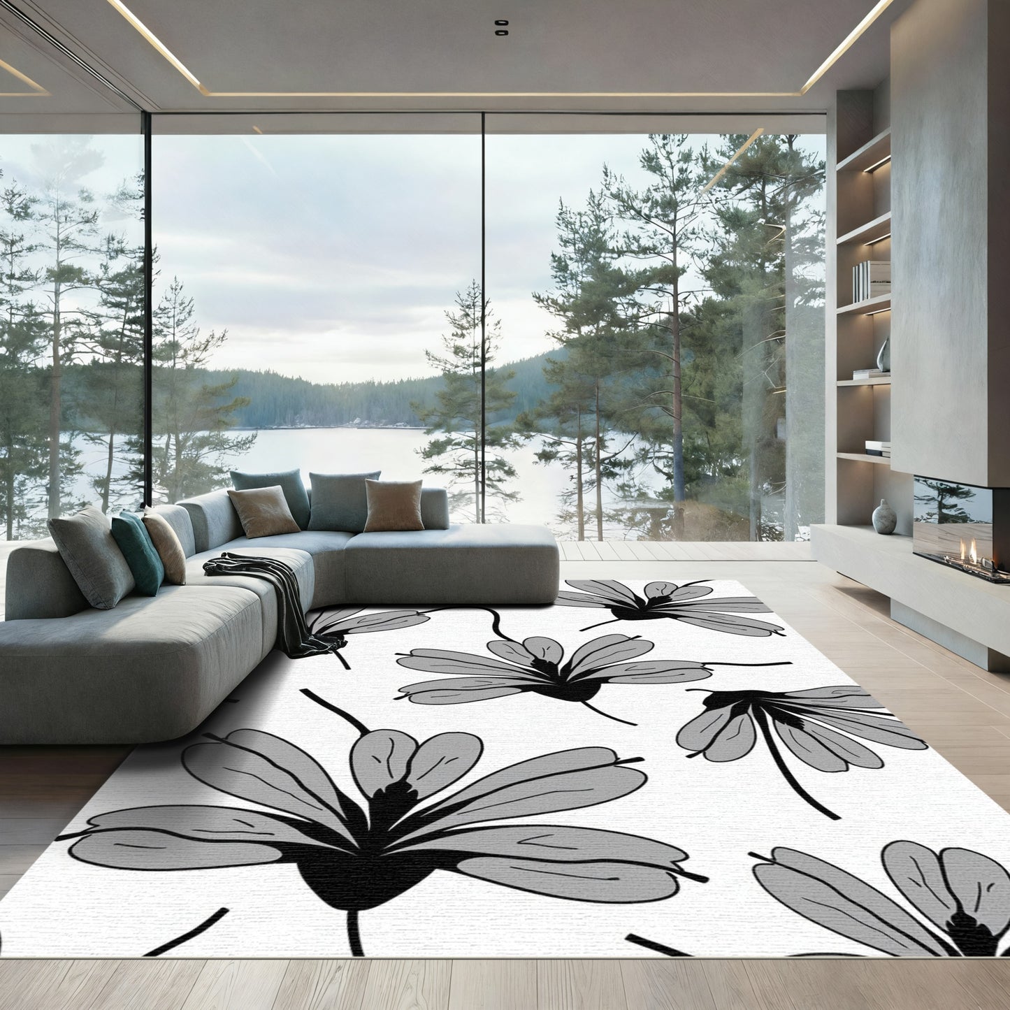 Monochrome Blooming Flower Garden Rug