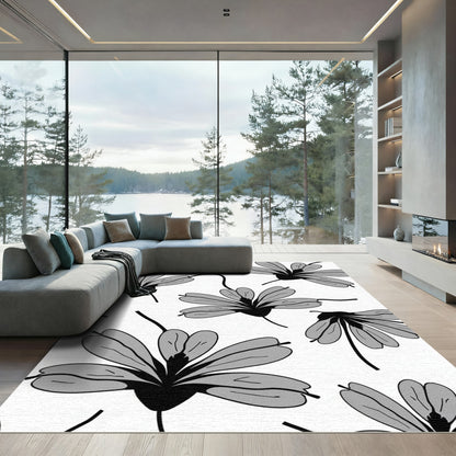 Monochrome Blooming Flower Garden Rug