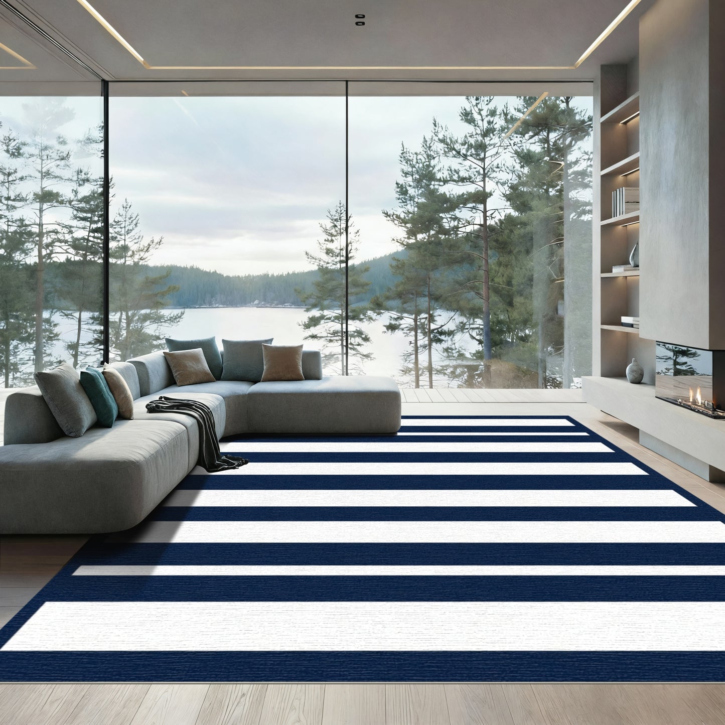 Navy White Alternating Stripe Rug