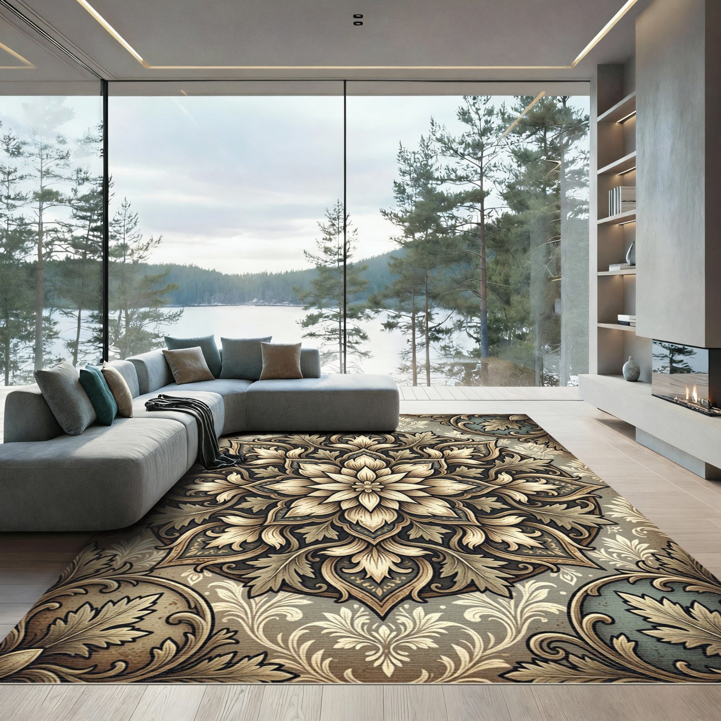 Antique Teal Ivory Floral Medallion Rug