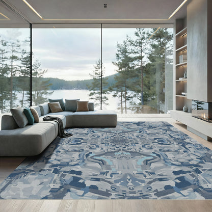 Abstract Blue Gray Geometric Collage Rug