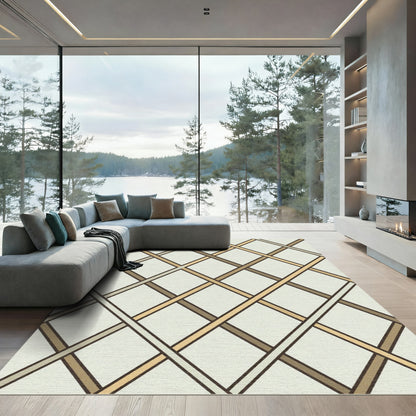 Neutral Cream and Gold Lattice Grid Rug