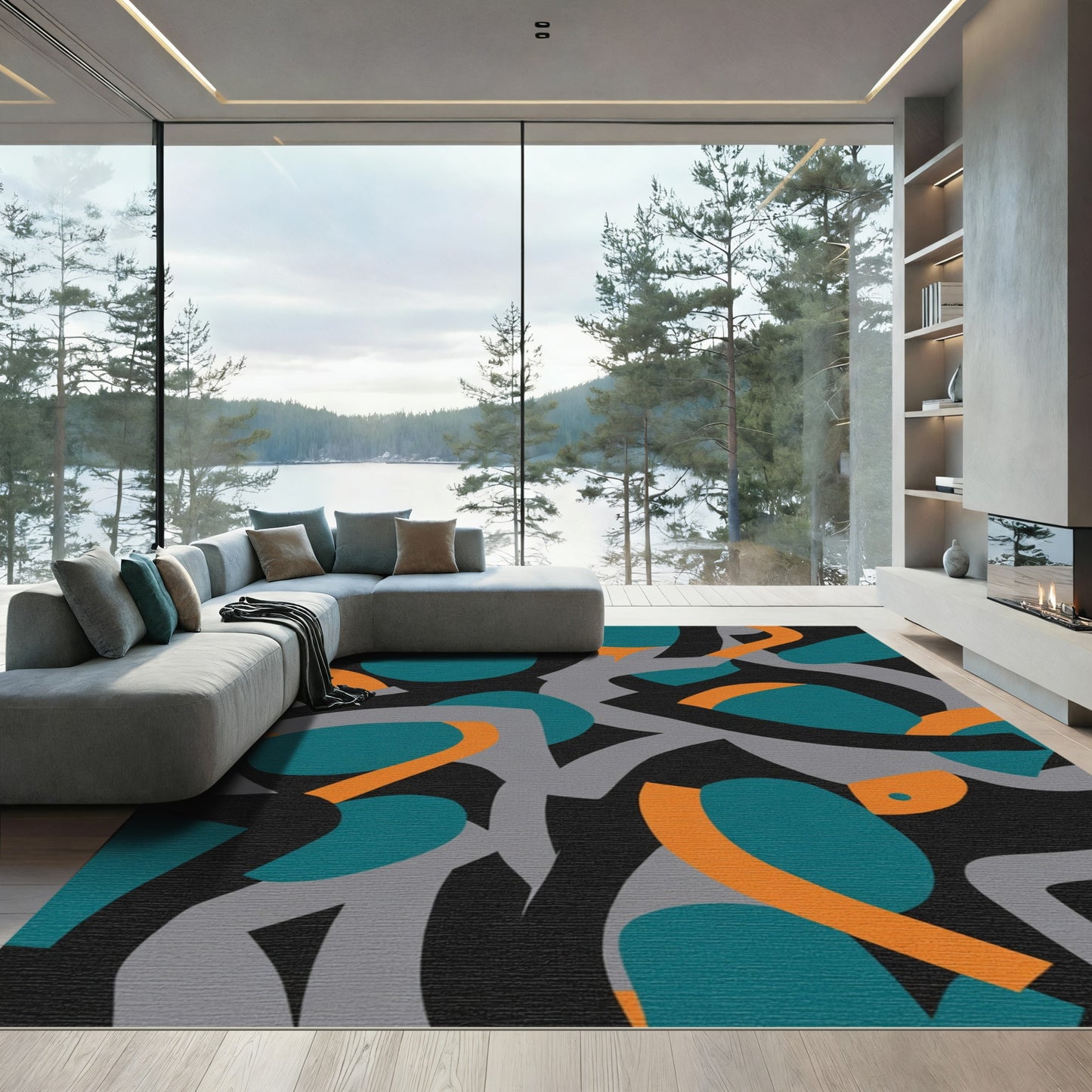 Abstract Teal Orange Gray Swirl Rug