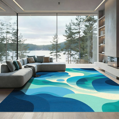 Deep Blue Aqua Abstract Ocean Waves Rug