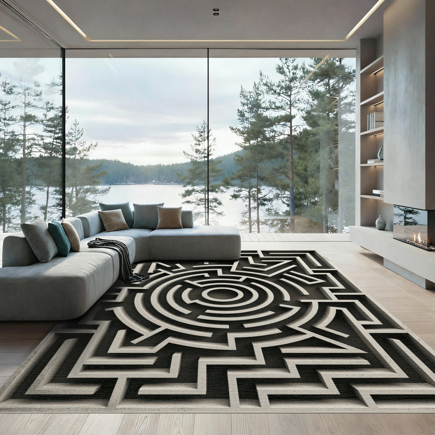 Monochromatic Abstract Architectural Circular Maze Rug