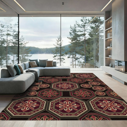 Gilded Crimson Octagon Geometric Medallion Rug