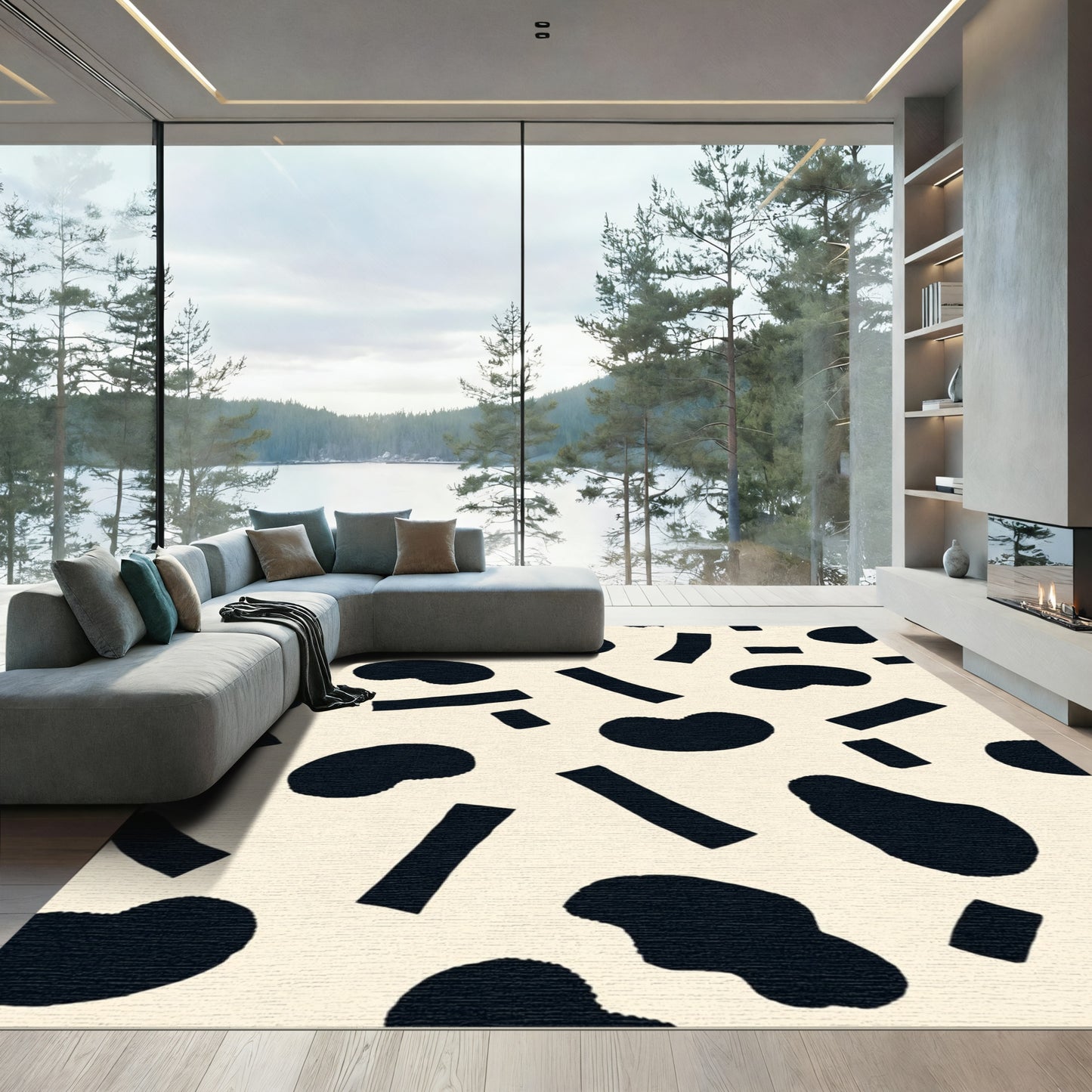 Black Organic Shapes Cream Background Rug
