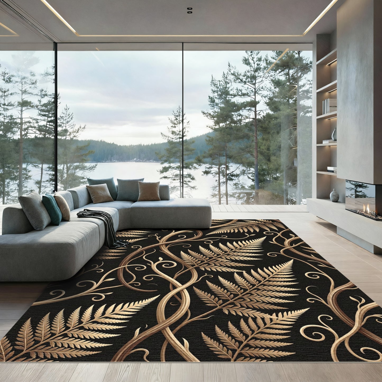Golden Fern Foliage Swirls Rug