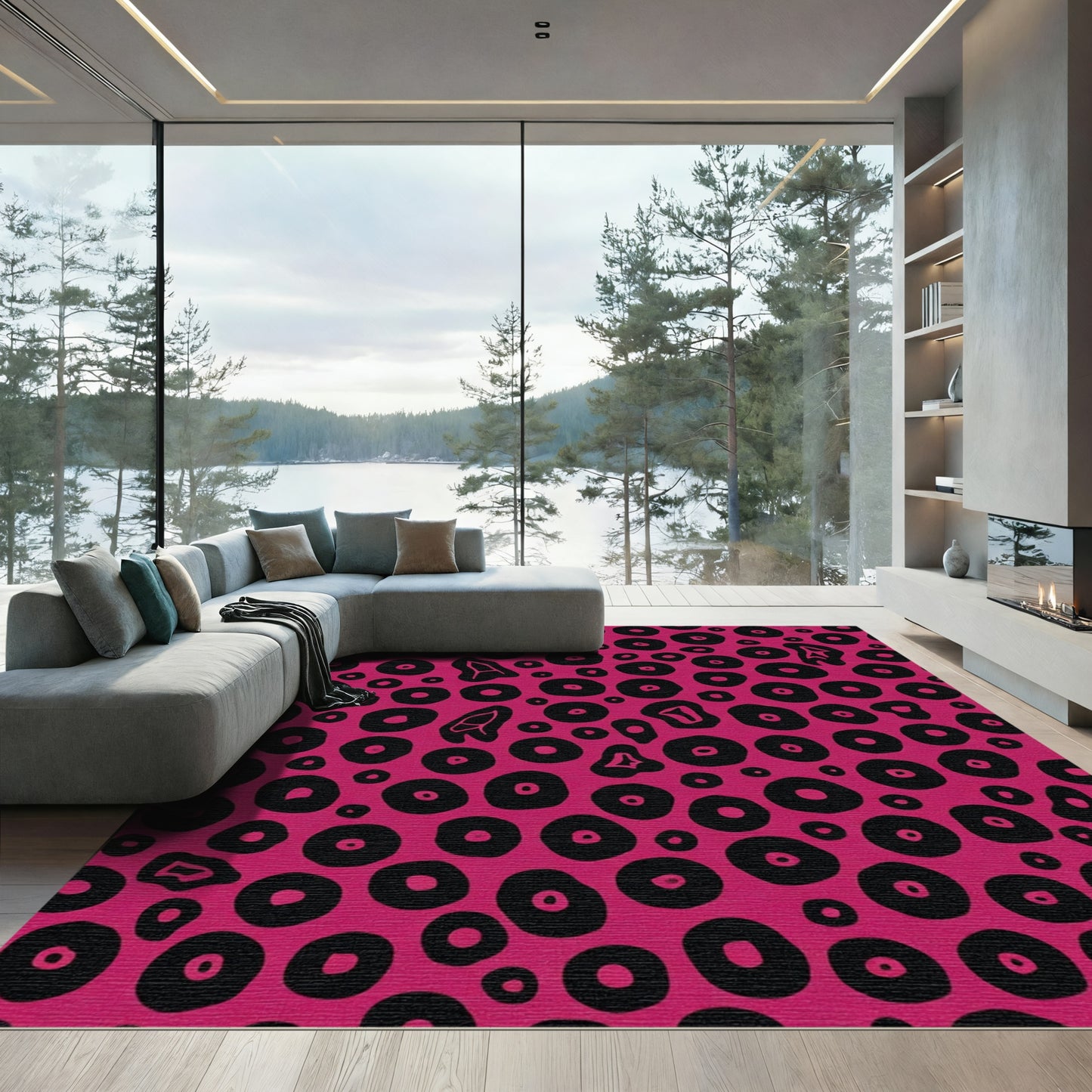 Vibrant Pink Black Organic Circles Rug