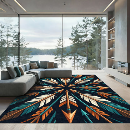 Geometric Teal and Copper Arrow Mandala Rug