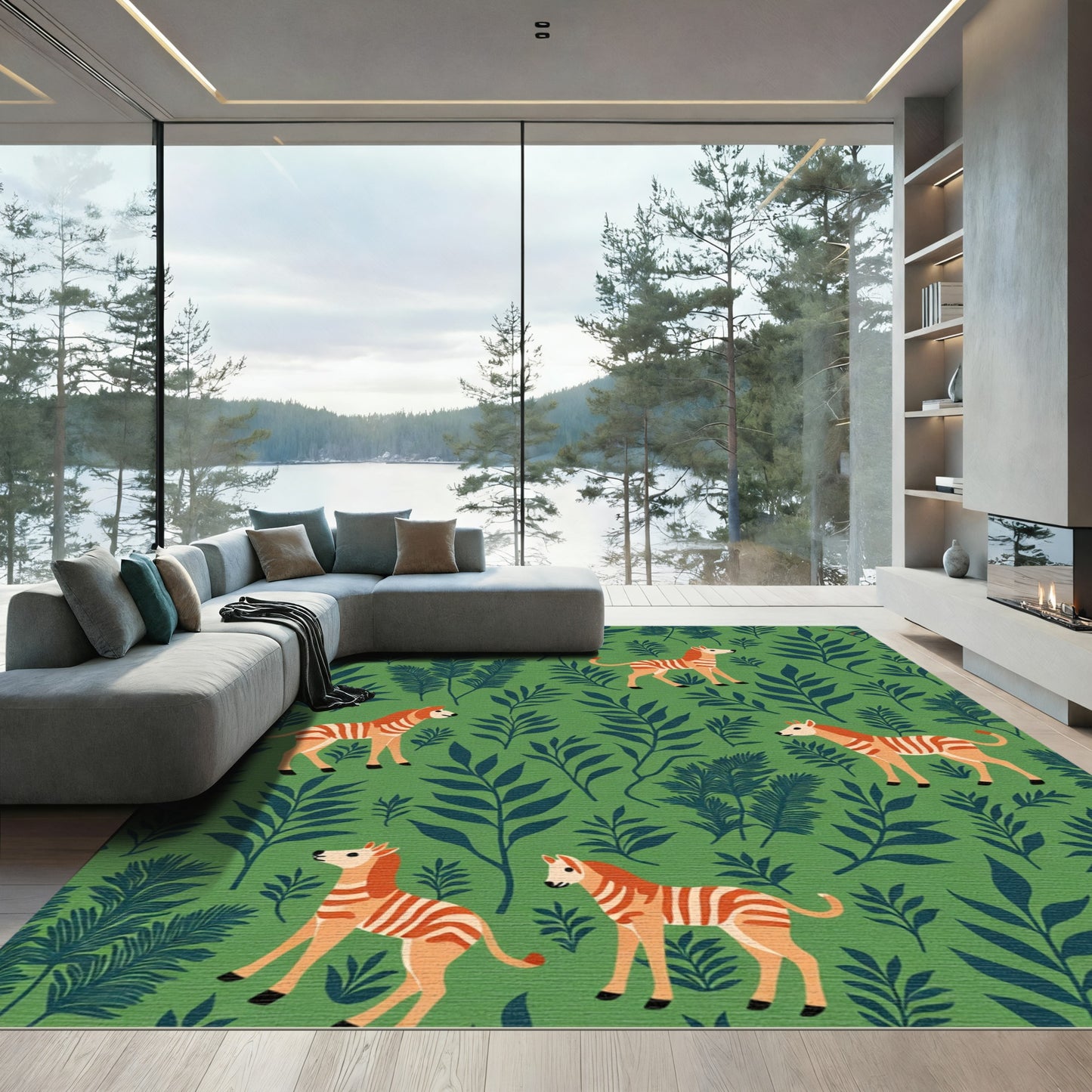 Orange Zebra Green Forest Scene Rug