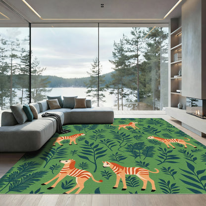 Orange Zebra Green Forest Scene Rug