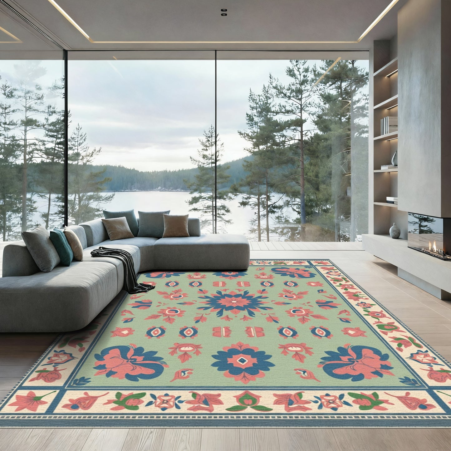 Sage Blue Coral Floral medallion Art Rug