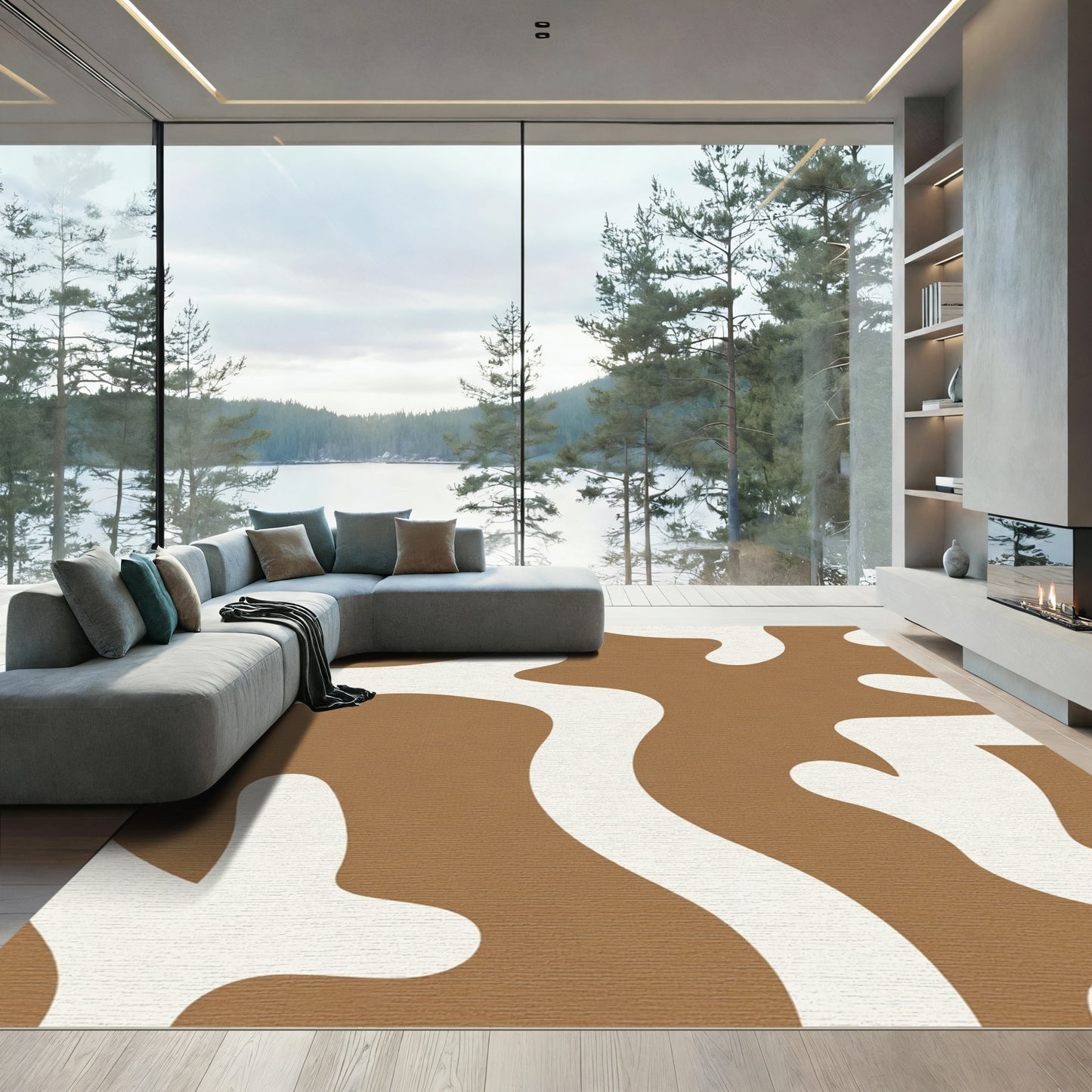Brown White Organic Blob Abstract Rug