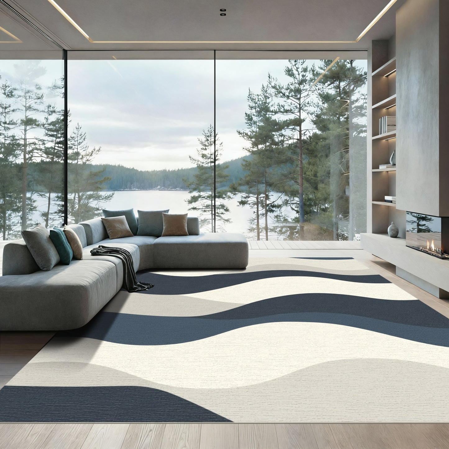 Deep Blue Cream Wavy Landscape Rug