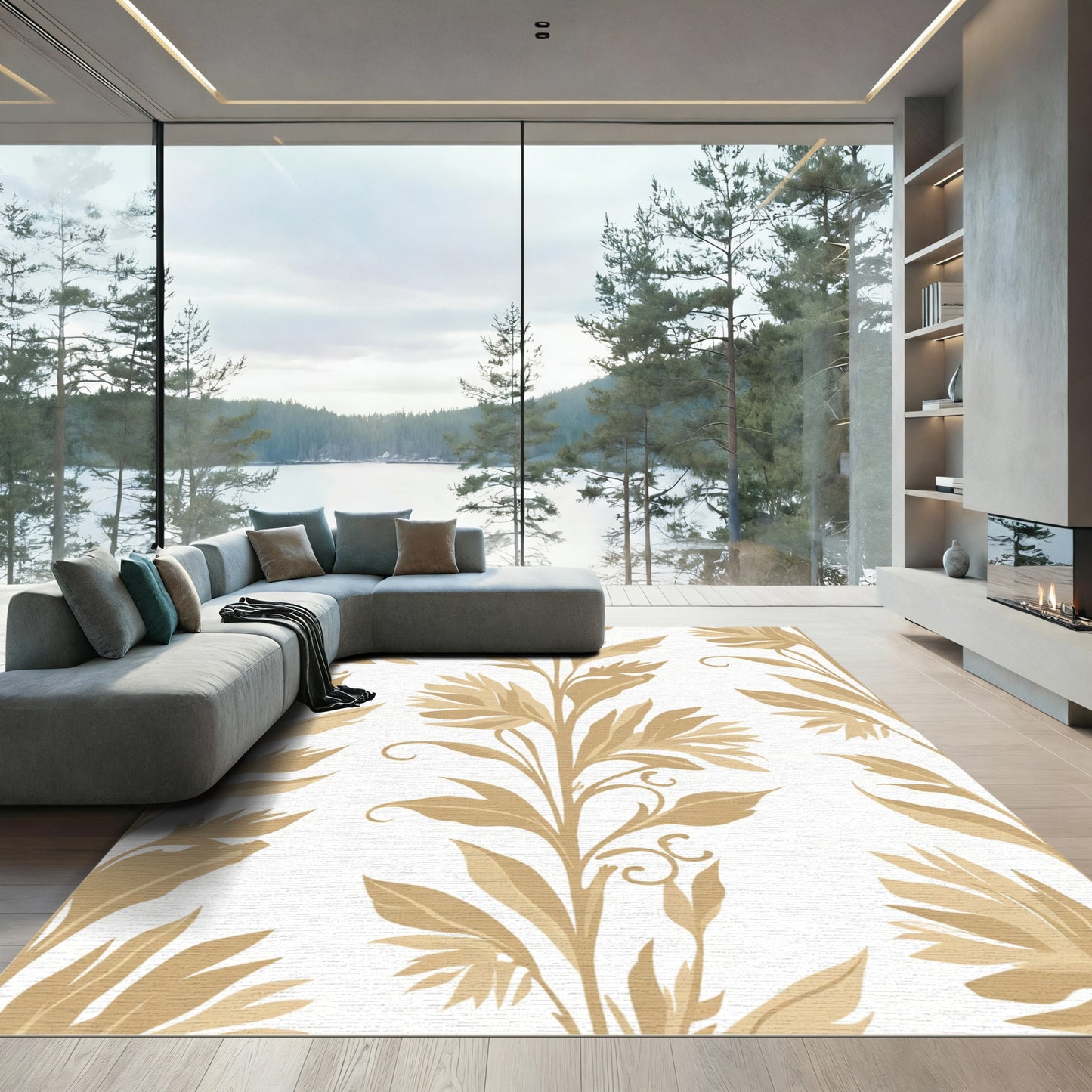 Golden Tropical Leaf Vertical Repeat Rug