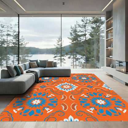 Vibrant Orange Blue Medallion Swirl Rug