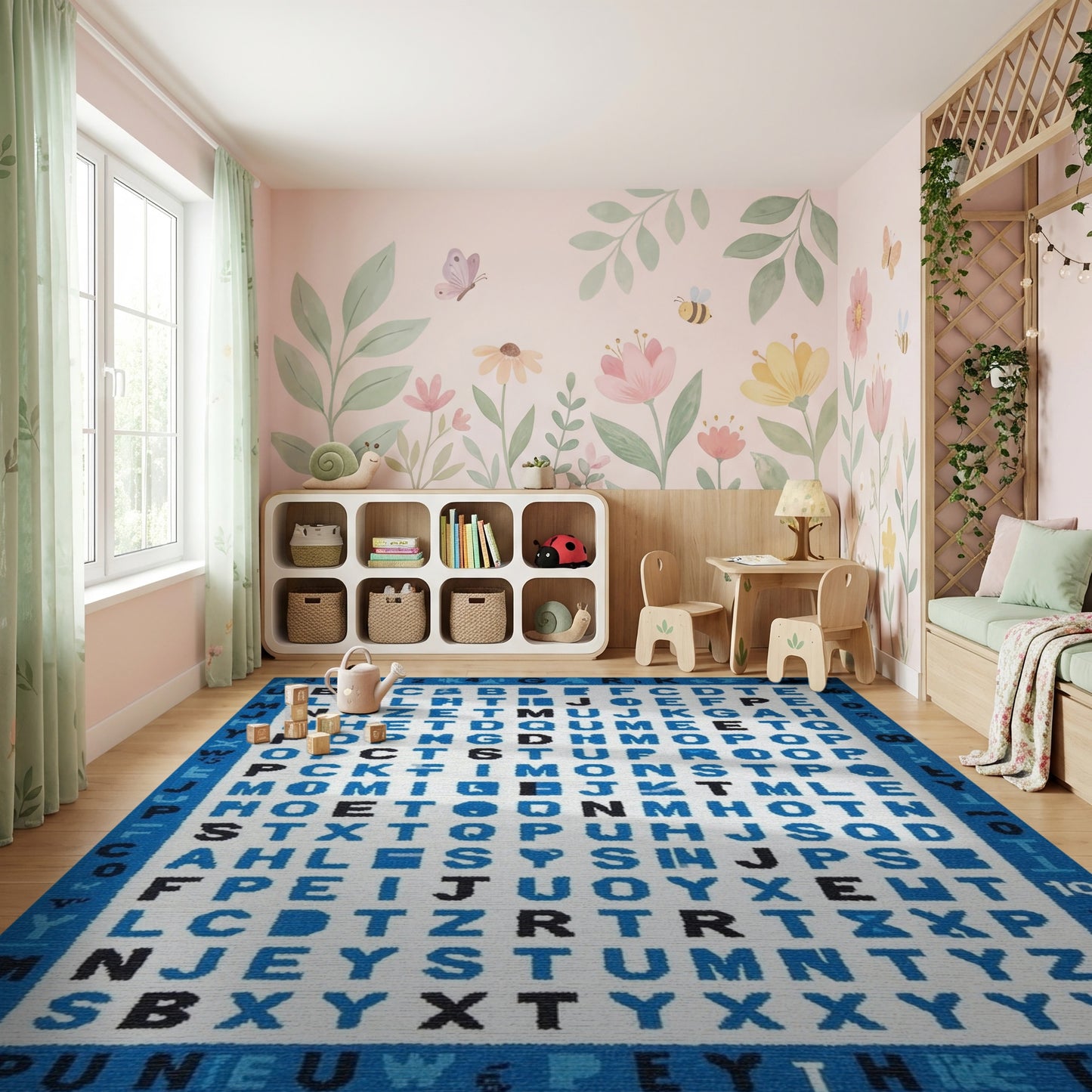 Playful Blue Alphabet Grid Rug