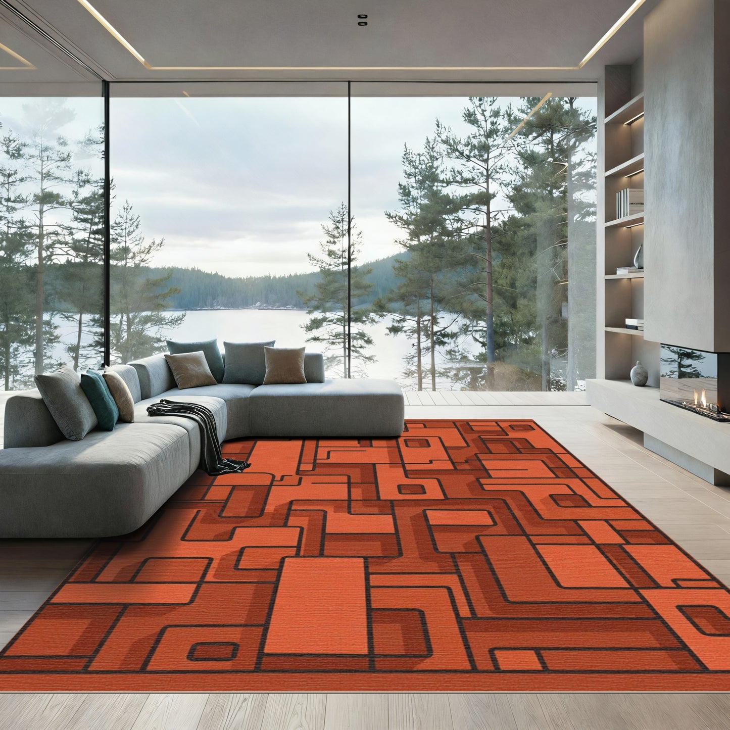 Orange Abstract Geometric Maze Rug