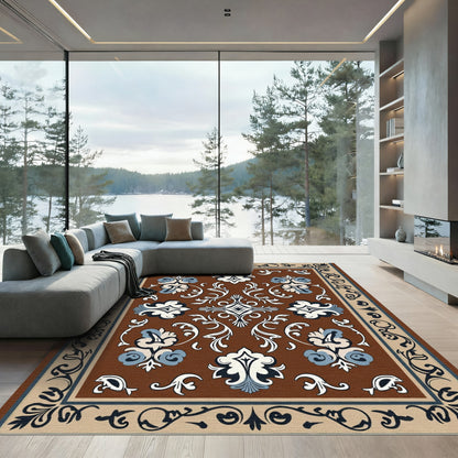 Brown White Blue Ornate Floral Medallion Rug