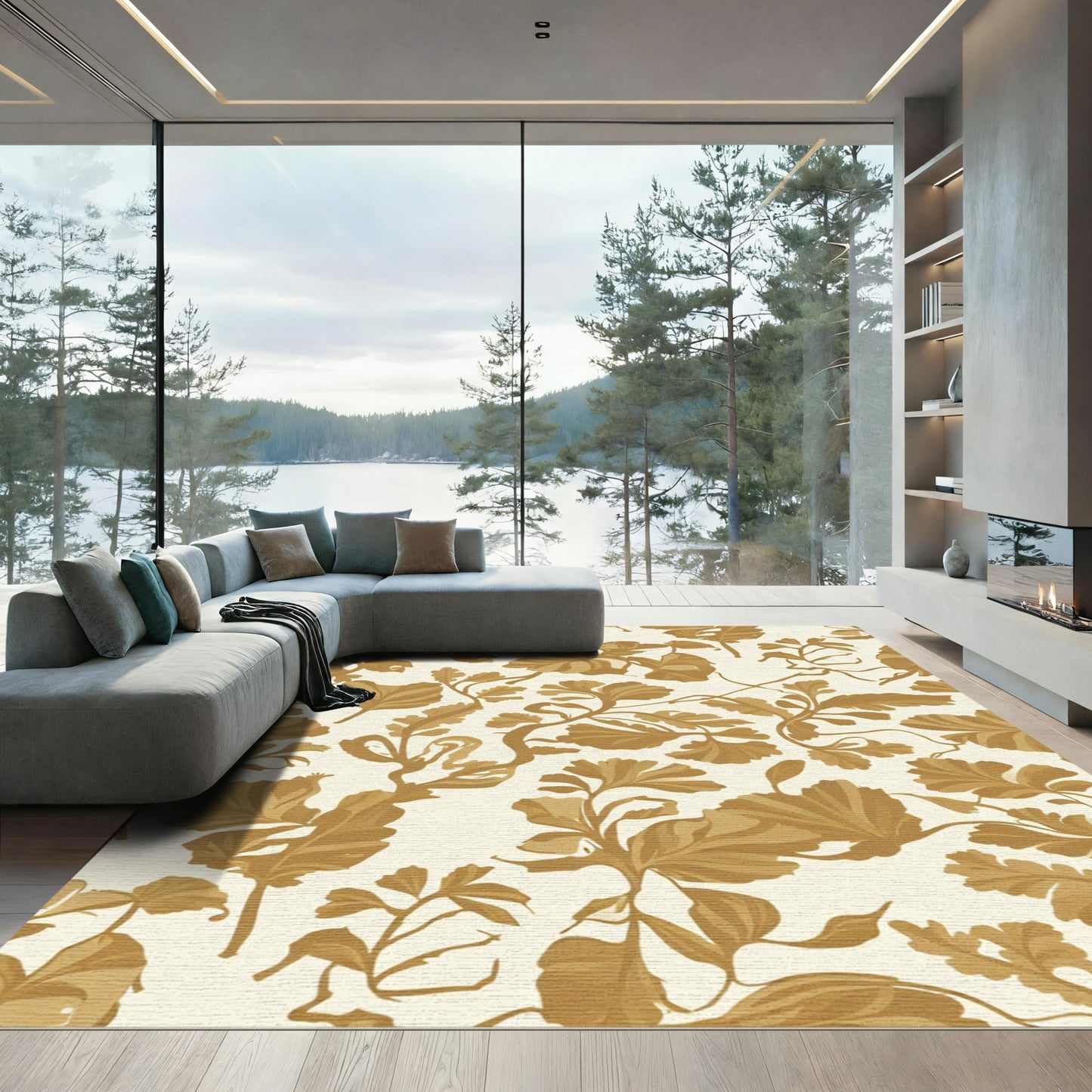 Golden Olive Botanical Scroll Rug