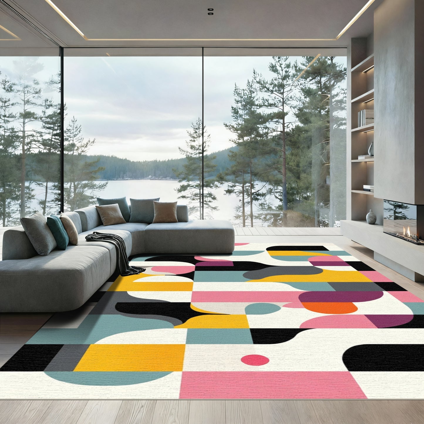 Geometric Pink Teal Mustard Abstract Shapes Rug