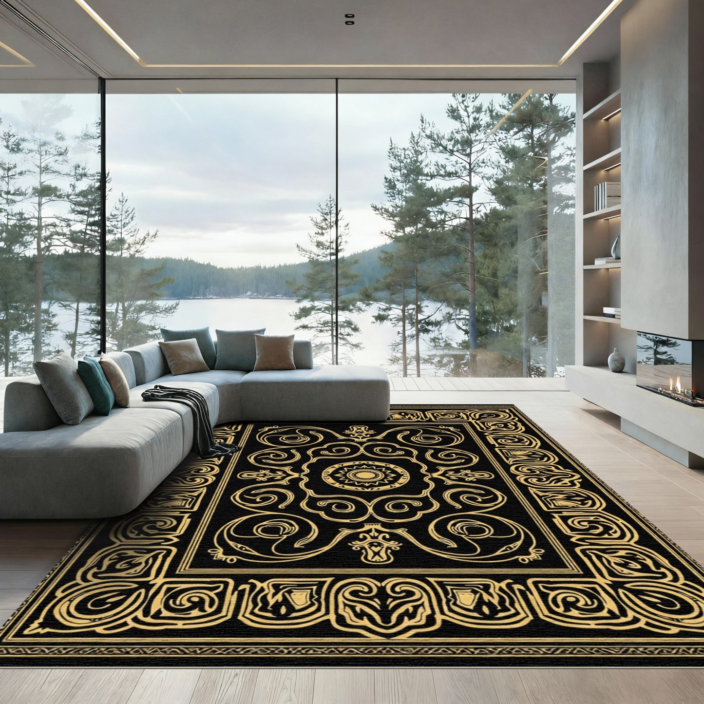 Black And Gold Medieval Scroll Rug