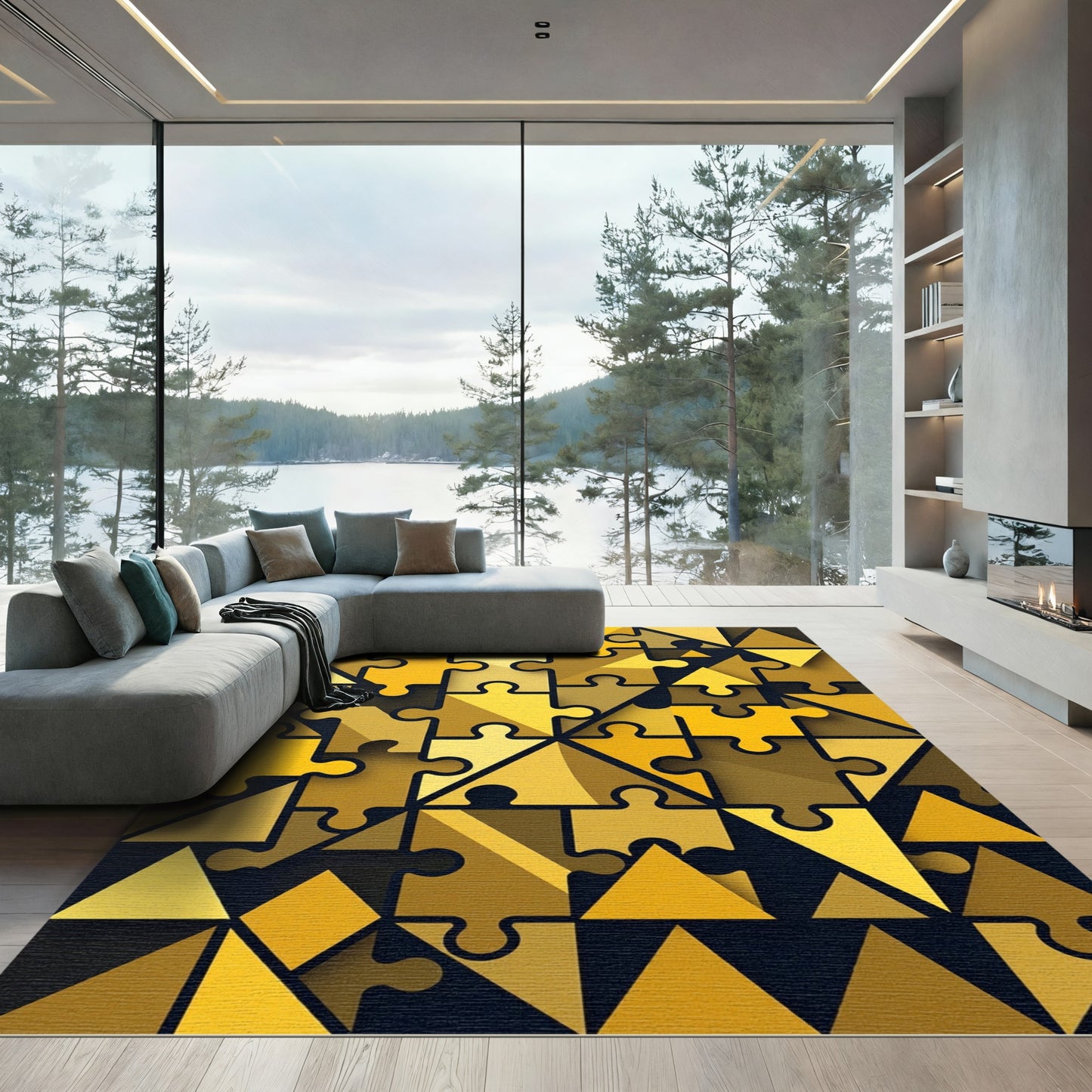 Golden Interlocking Geometric Jigsaw Rug