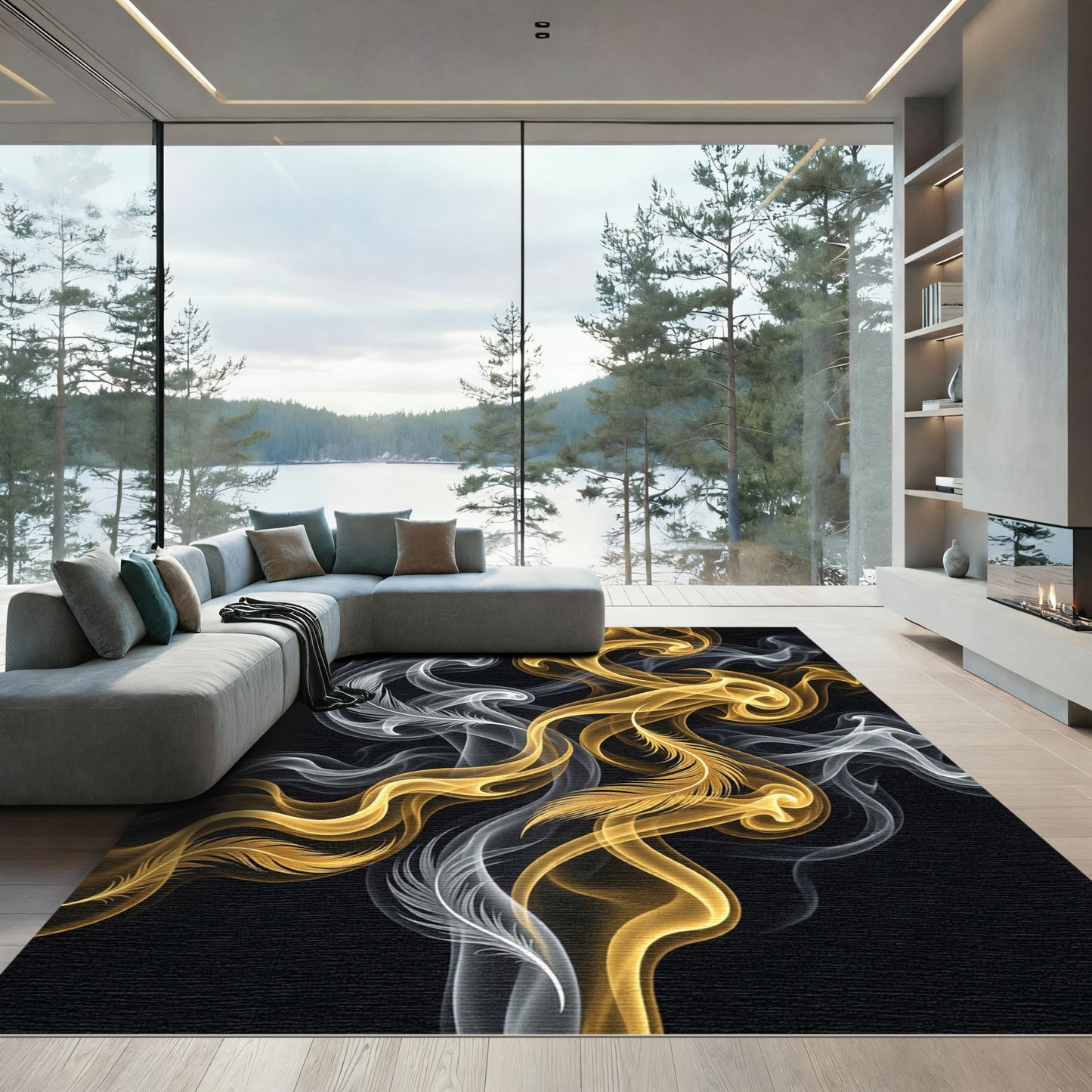 Golden and Silver Feather Smoke Swirl Rug