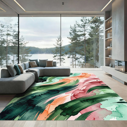 Abstract Green and Peach Watercolor Swirl Rug