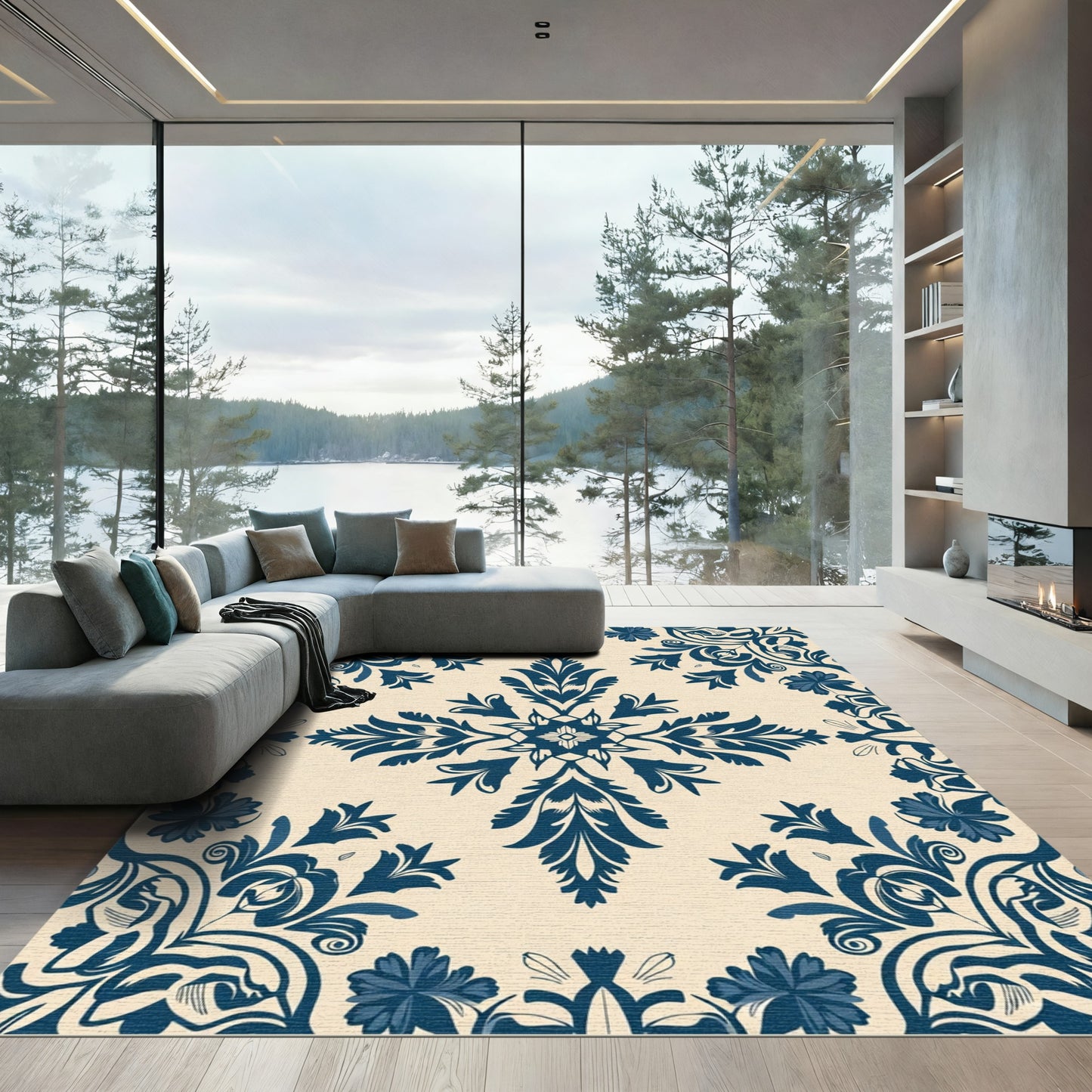Dark Blue Floral Damask Medallion Rug