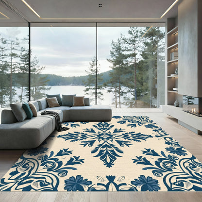 Dark Blue Floral Damask Medallion Rug