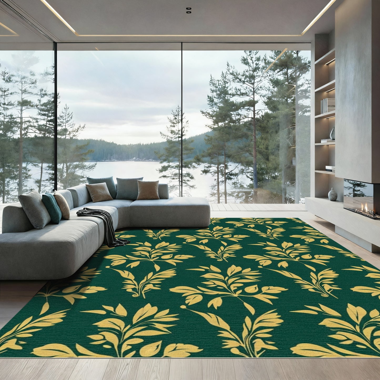 Golden Botanical Swirls On Emerald Rug