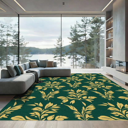 Golden Botanical Swirls On Emerald Rug