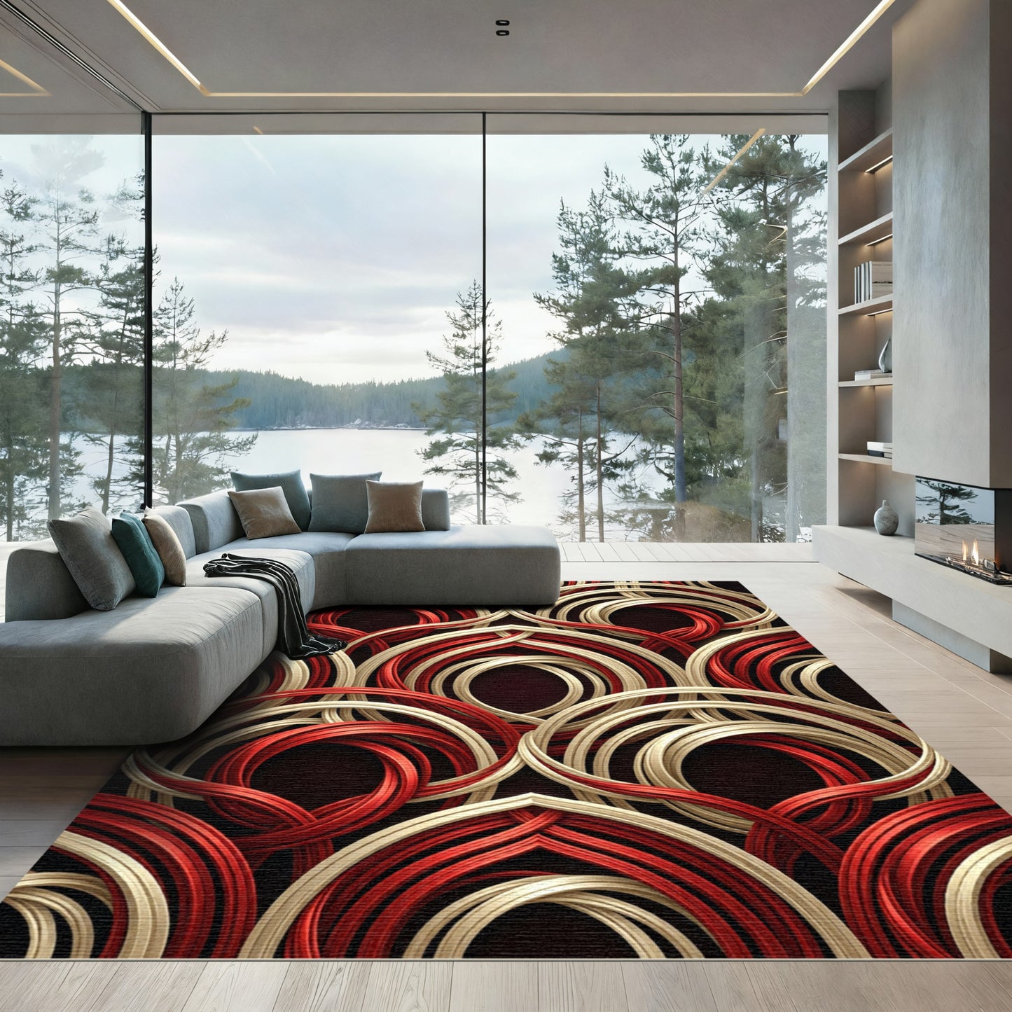 Crimson Ivory Interlocking Circles Rug