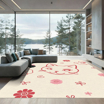 Whimsical Red Cat Floral Arrangement Rug