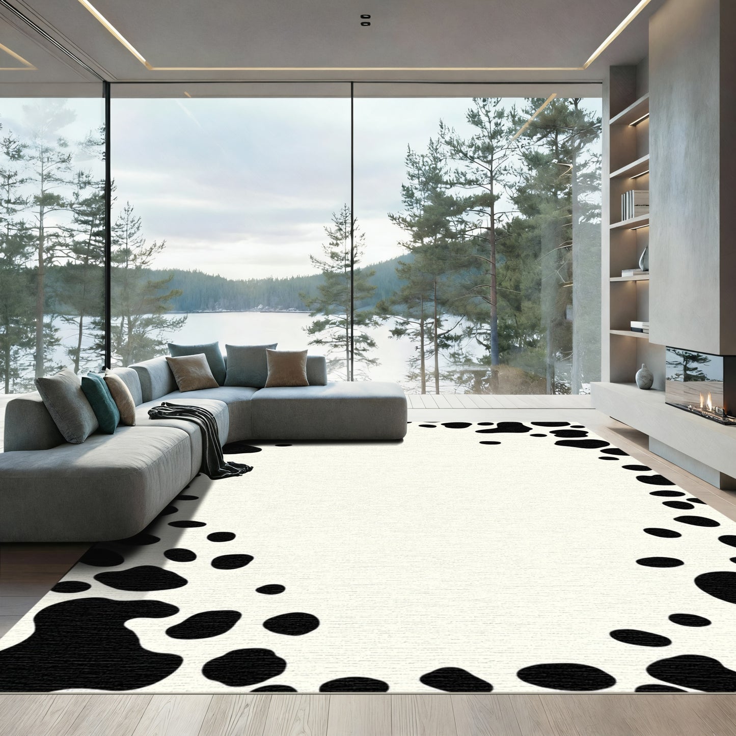 Black White Spots Border Rug