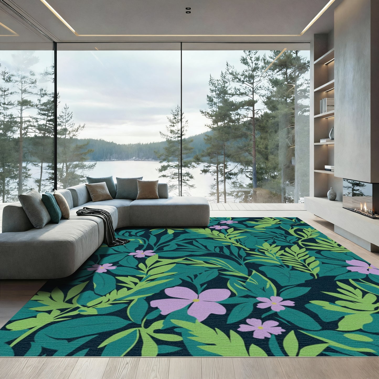 Deep Teal Tropical Flower Garden Rug