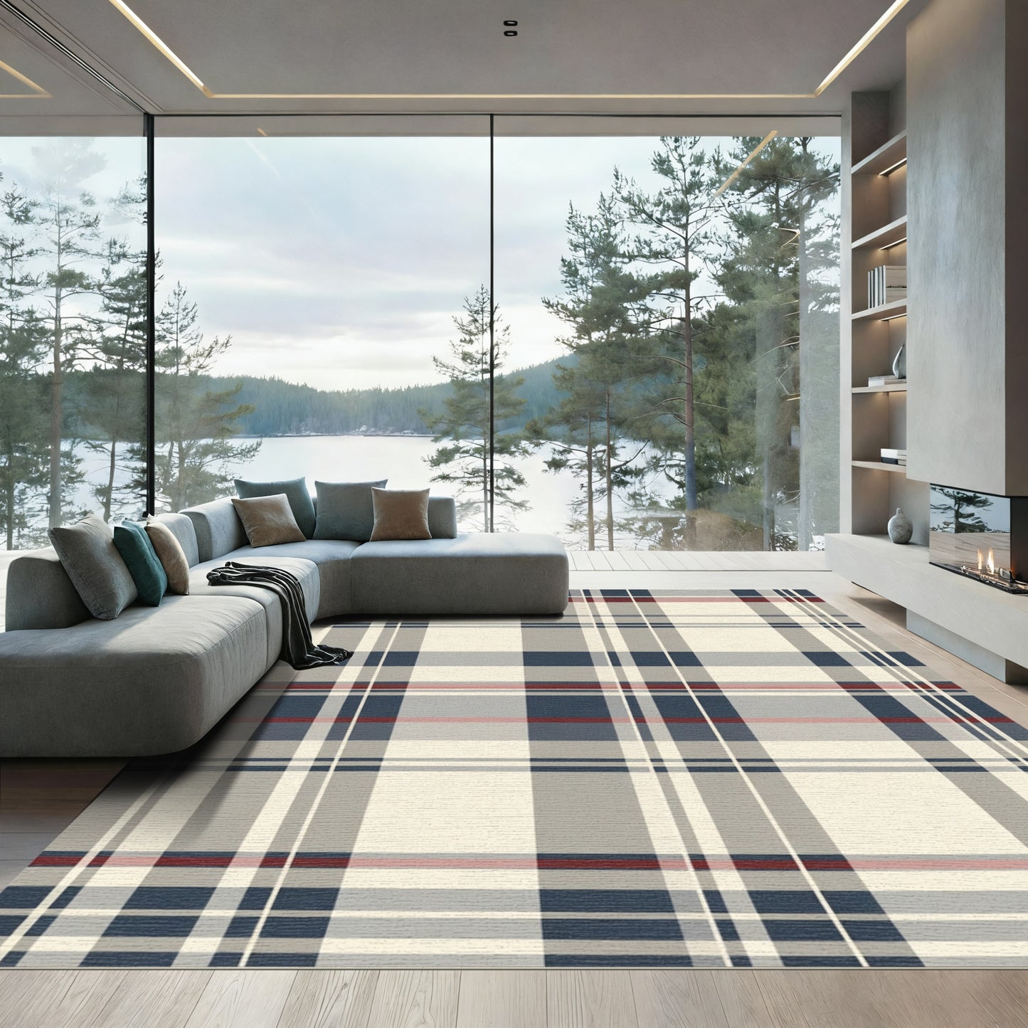 Tonal Blue Red Plaid Check Rug